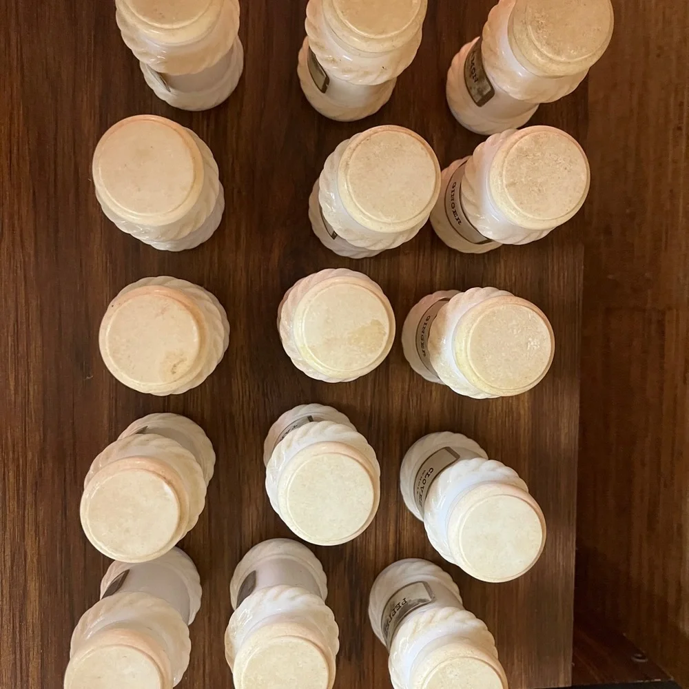 Vintage Milk Glass Spice Jars - 15 - with labels.